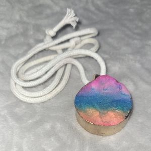 Gorgeous Rainbow Druzy Crystal Gold Tone Rimmed Pendant on Cord